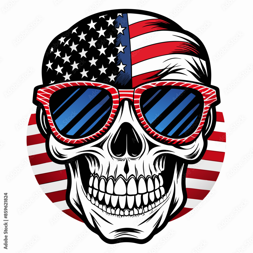 Black and White Illustration of a Smiling Skull Wearing Patriotic American Flag Sunglasses Black and White Illustration of a Smiling Skull Wearing Patriotic American Flag Sunglasses