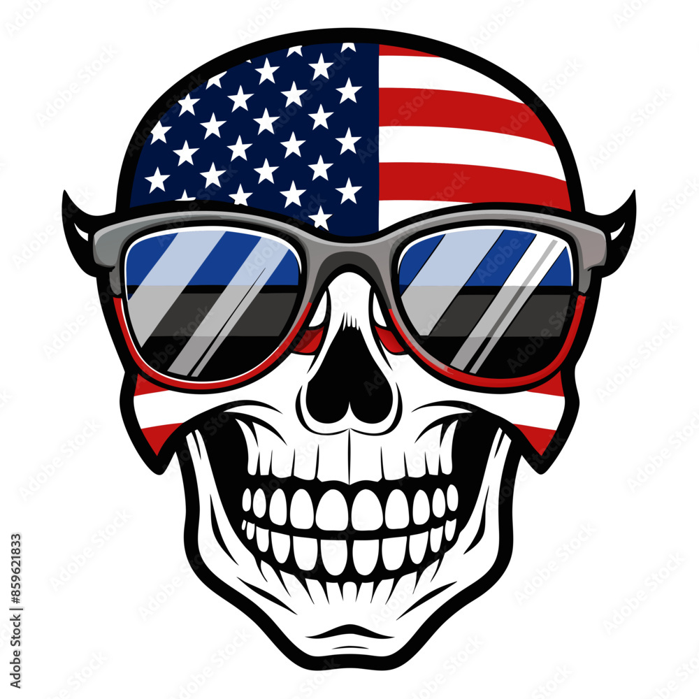 Black and White Illustration of a Smiling Skull Wearing Patriotic American Flag Sunglasses Black and White Illustration of a Smiling Skull Wearing Patriotic American Flag Sunglasses