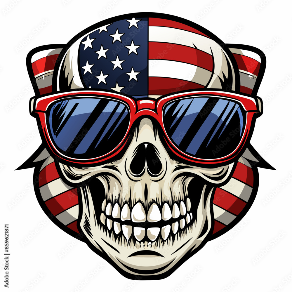Black and White Illustration of a Smiling Skull Wearing Patriotic American Flag Sunglasses Black and White Illustration of a Smiling Skull Wearing Patriotic American Flag Sunglasses