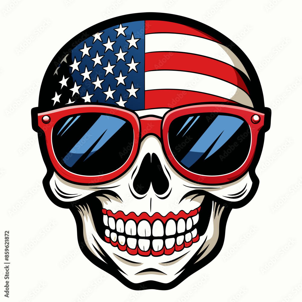 Black and White Illustration of a Smiling Skull Wearing Patriotic American Flag Sunglasses Black and White Illustration of a Smiling Skull Wearing Patriotic American Flag Sunglasses