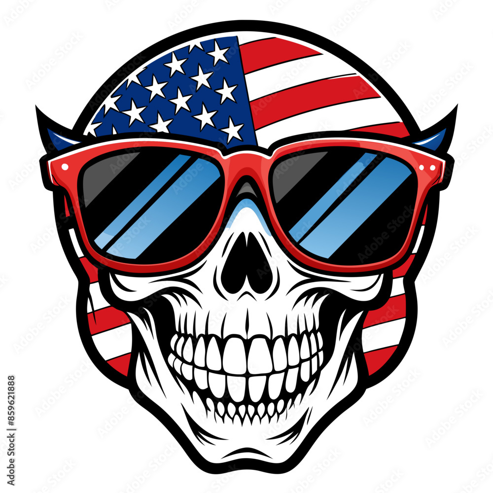 Black and White Illustration of a Smiling Skull Wearing Patriotic American Flag Sunglasses Black and White Illustration of a Smiling Skull Wearing Patriotic American Flag Sunglasses