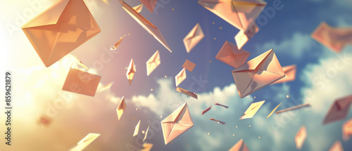 Countless vintage envelopes soar through the sky, illuminated by golden sunlight, evoking nostalgia and the art of handwritten letters.