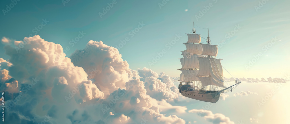 Fototapeta premium A majestic old-fashioned ship sails high in a dreamlike sky above fluffy clouds, capturing a surreal and adventurous essence.