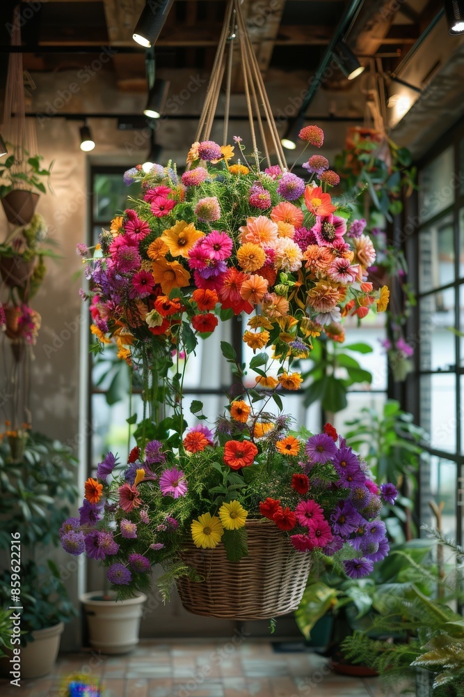 Fototapeta premium Colorful Hanging Basket in a Greenhouse
