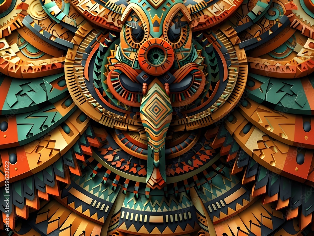 Obraz premium Detailed of a Traditional Tribal Tattoo Design with Complex Geometric Patterns and Vibrant Colors