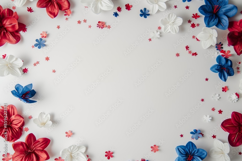 Minimalistic Memorial Day concept with red, white, and blue decorations on a neutral background. Minimalistic Memorial Day concept with red, white, and blue decorations on a neutral background.