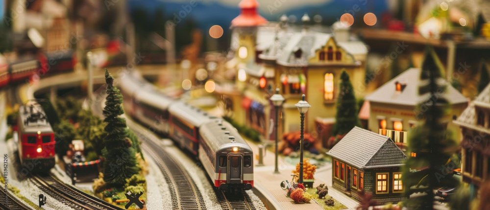 A charming miniature train scene with lush greenery, quaint buildings, and winding tracks, creating a picturesque depiction of a small-town railway. A charming miniature train scene with lush greenery, quaint buildings, and winding tracks, creating a picturesque depiction of a small-town railway.