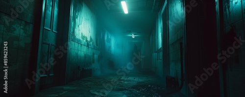 Dimly lit, eerie corridor with teal lighting and foggy atmosphere, evoking horror and suspense in an abandoned building or haunted place.