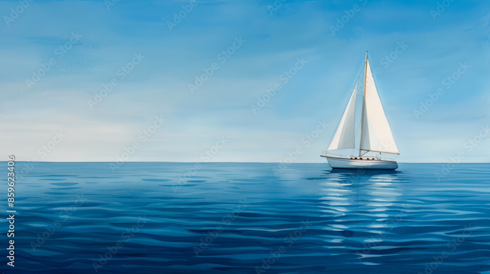 Obraz premium A serene sailboat gliding on calm blue ocean waters under a clear sky, perfect for summer vacation and tranquility themes