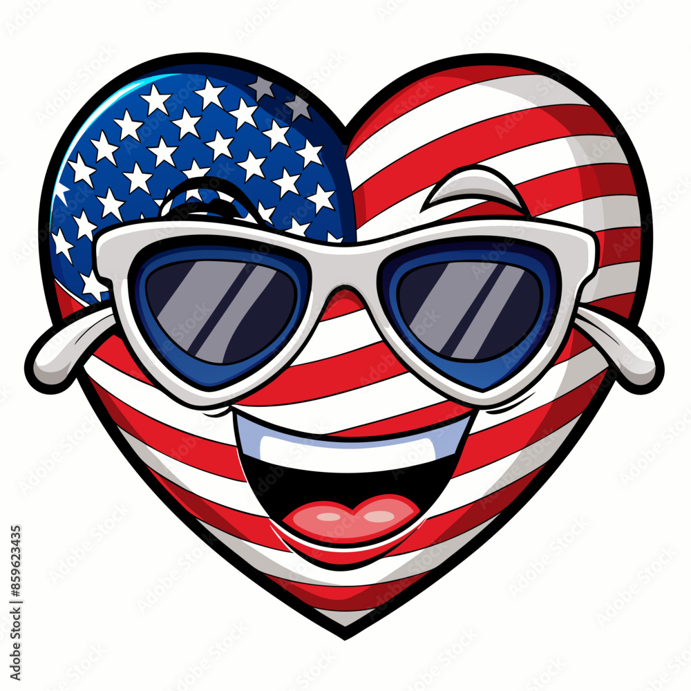 Black and White Illustration of a Smiling Heart Wearing Patriotic American Flag Sunglasses Black and White Illustration of a Smiling Heart Wearing Patriotic American Flag Sunglasses