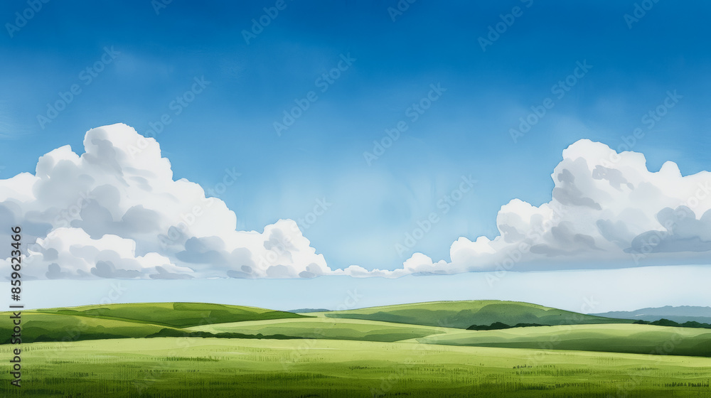 A serene green landscape under a bright blue sky with fluffy clouds, perfect for concepts of tranquility and nature A serene green landscape under a bright blue sky with fluffy clouds, perfect for concepts of tranquility and nature