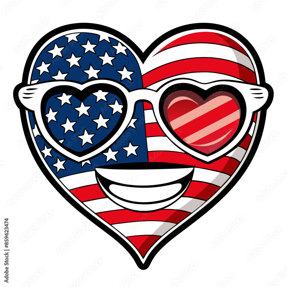 Black and White Illustration of a Smiling Heart Wearing Patriotic American Flag Sunglasses Black and White Illustration of a Smiling Heart Wearing Patriotic American Flag Sunglasses