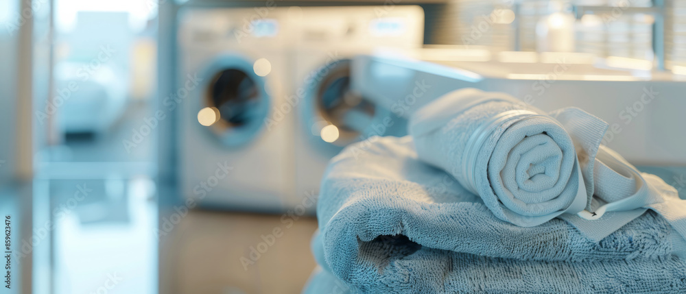 A stack of neatly folded towels in focus in the foreground with modern washing machines in the blurred background of a laundry room. A stack of neatly folded towels in focus in the foreground with modern washing machines in the blurred background of a laundry room.