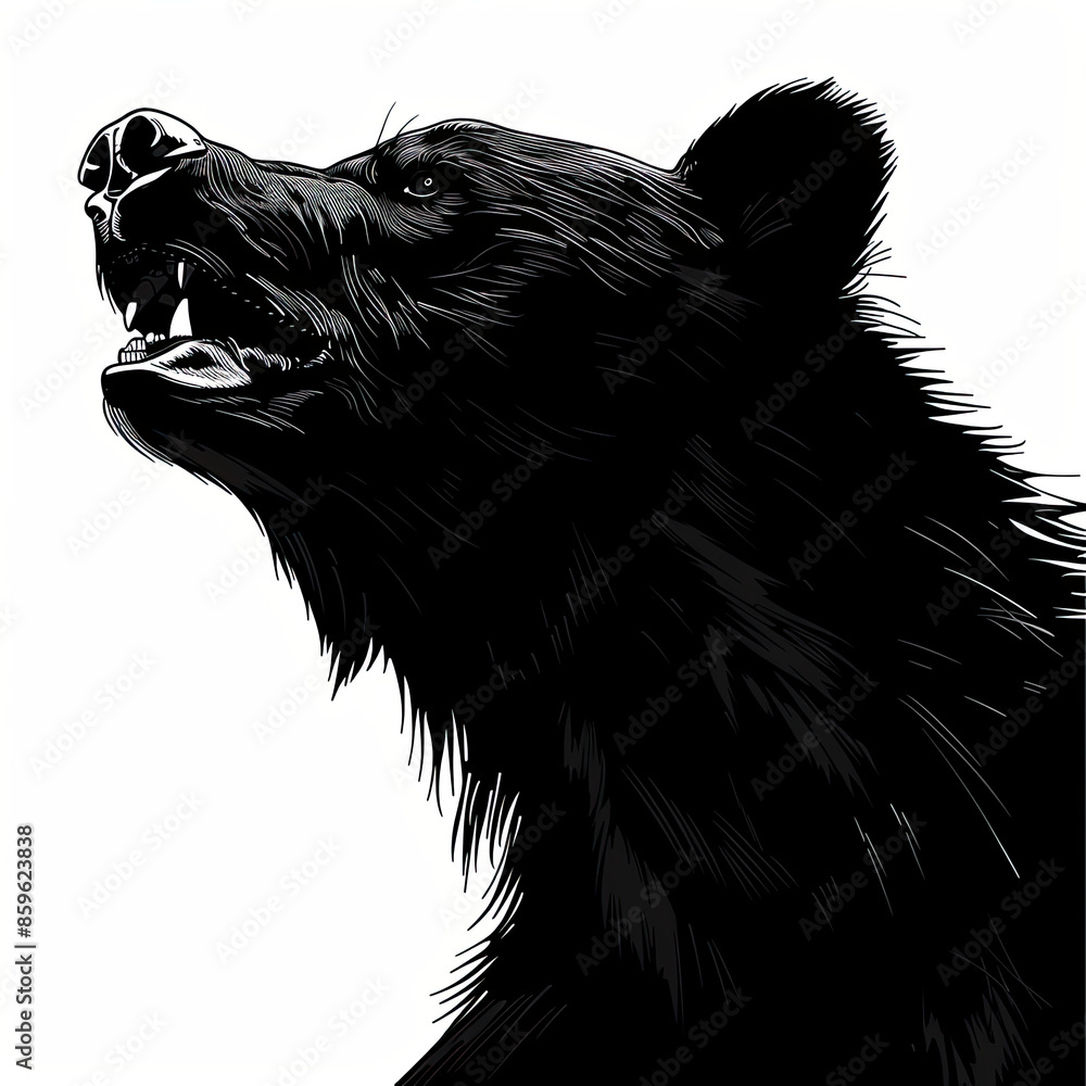 Obraz premium A black and white drawing of a bear with its mouth open
