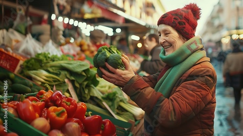 Cheerful woman selecting fresh vegetables in market everything is fresh and organic Smiling woman choosing fruits and vegetables on the farmers market Woman Buying on Street Market s : Generative AI photo