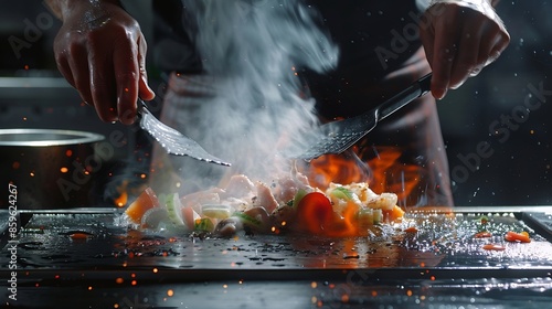 chefs hands with spatula over teppanyaki cooking vegetables meat and seafood on hot hibachi grill table Traditional Japanese Cuisine Teppan show with flambe : Generative AI