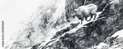 Mountain goat on rocky snow-covered terrain, black and white sketch. Wildlife art concept