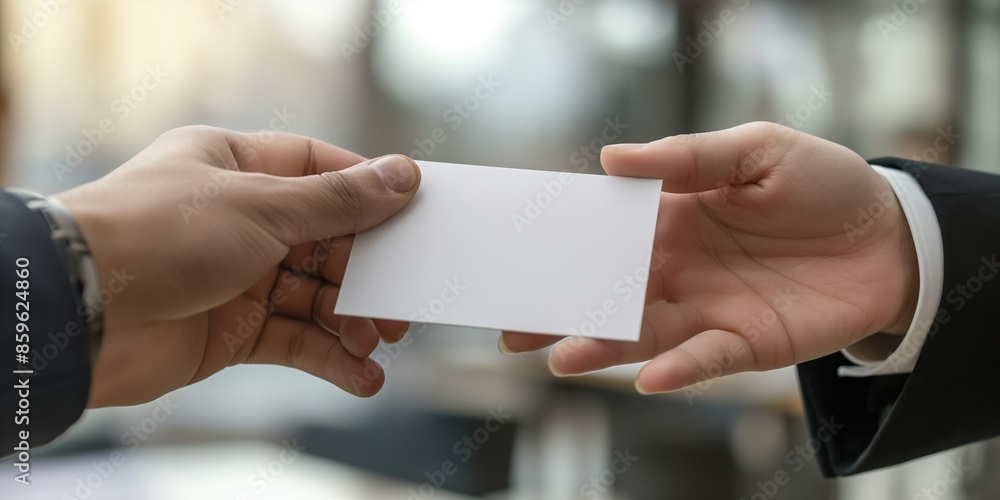 Hands exchanging blank business card against office background, symbolizing professional introduction and connection Hands exchanging blank business card against office background, symbolizing professional introduction and connection
