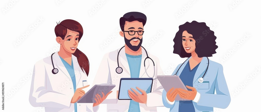 llustration of doctors in a high-tech medical lab, discussing patient data on tablets, highlighting teamwork and advanced healthcare technology. llustration of doctors in a high-tech medical lab, discussing patient data on tablets, highlighting teamwork and advanced healthcare technology.