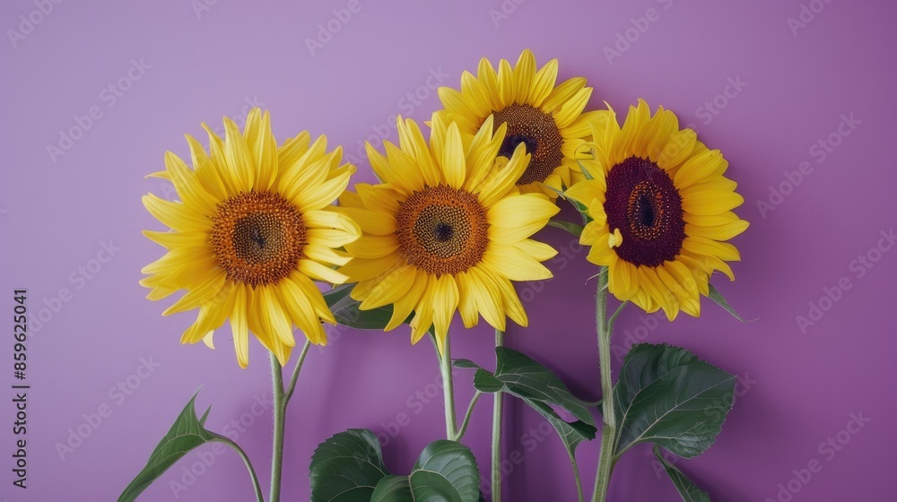 Fototapeta premium Four sunflowers contrasted with a purple backdrop in a vintage creative flat lay with copy space