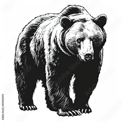 A black and white drawing of a bear on a white background