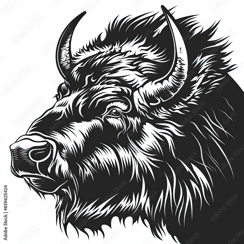 Fototapeta premium A black and white drawing of a bison 's head
