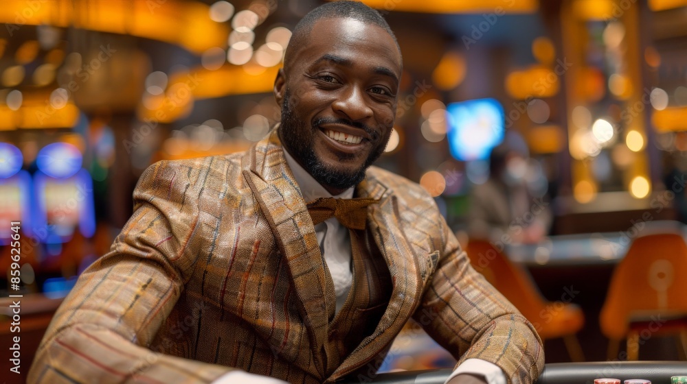 Player sits at the casino table and wins. Player sits at the casino table and wins.
