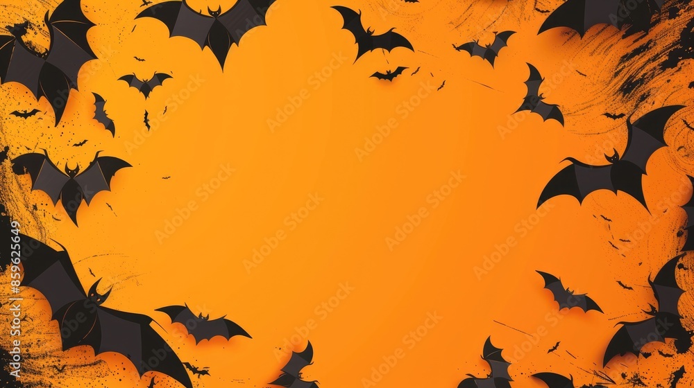 Bats around black label on orange background for Halloween text with space Bats around black label on orange background for Halloween text with space