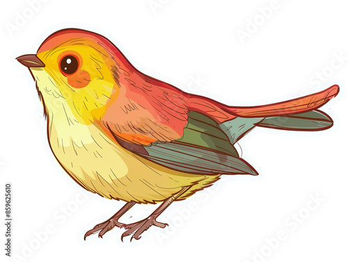 A vibrant, cartoon-style bird with red, yellow, and green plumage. The bird is depicted in a playful, whimsical manner. photo