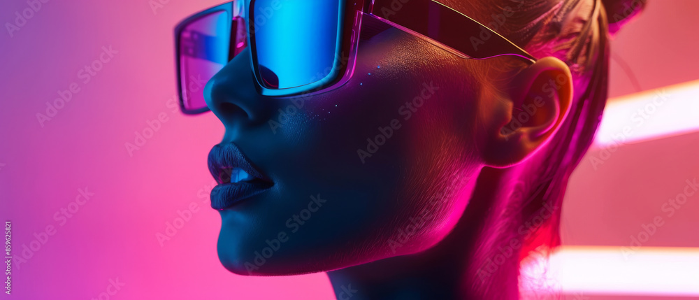 A stylish person wearing large reflective sunglasses is set against a background of neon pink and purple lights, exuding a futuristic vibe. A stylish person wearing large reflective sunglasses is set against a background of neon pink and purple lights, exuding a futuristic vibe.