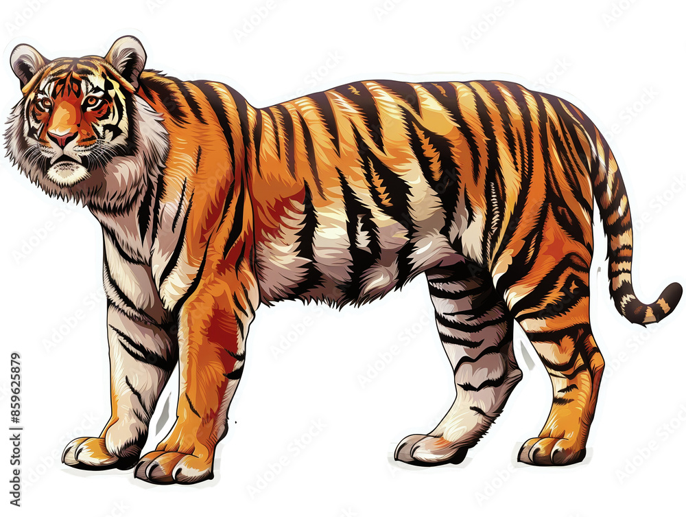 Obraz premium A majestic tiger stands with its stripes clearly visible against a white background. The tiger has a serious expression.