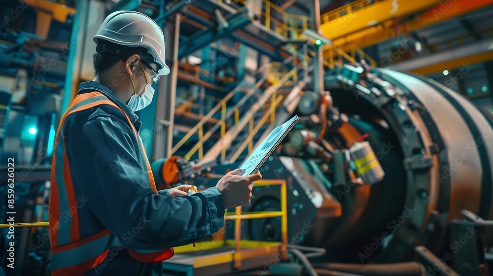 Professional quality control inspector conduct safety inspection on steel machinery and manufacturing process Factory engineer or operator make optimization in heavy industry facility : Generative AI Professional quality control inspector conduct safety inspection on steel machinery and manufacturing process Factory engineer or operator make optimization in heavy industry facility : Generative AI