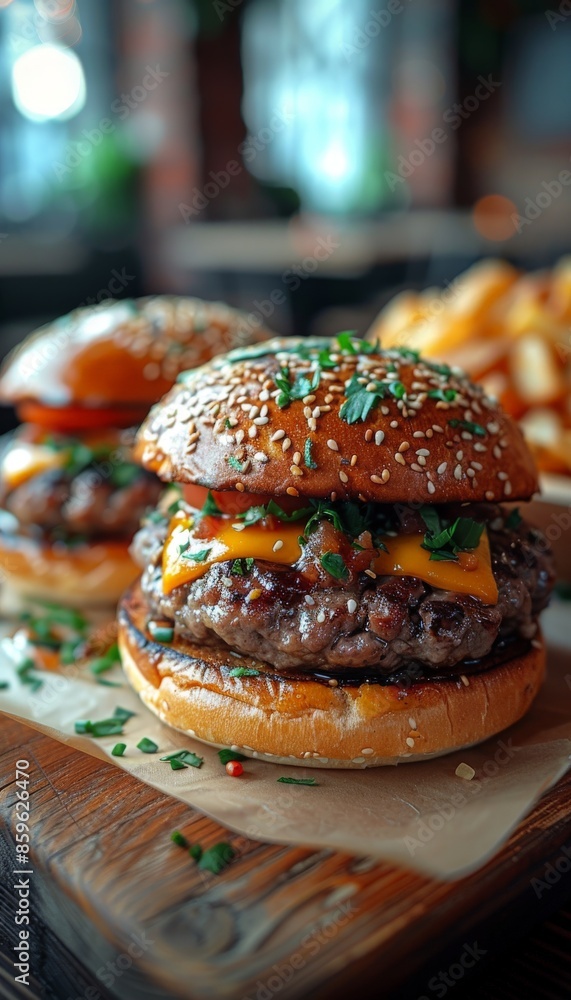 Two burgers with cheese and potatoes. Vertical shot.