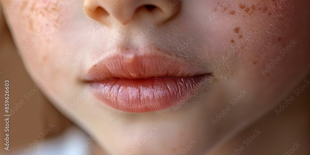 Fototapeta premium Closeup of Child's Chapped Lips Allergic Reaction on Sensitive Skin. Concept Childcare, Skin Allergies, Closeup Photography, Healthcare, Sensitive Skin