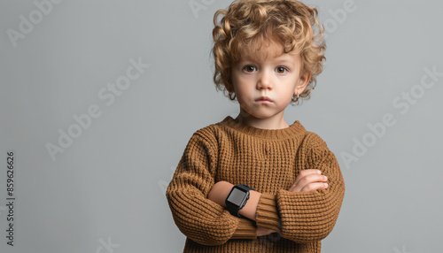 A young child with curly hair looking serious with arms crossed, wearing a sweater and a smartwatch photo