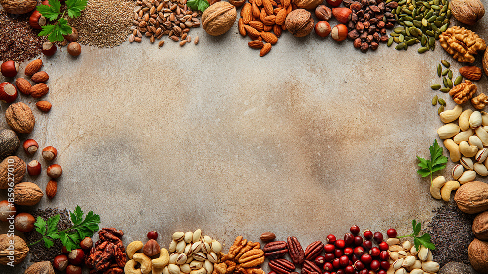 background with assorted nuts and seeds, top view background with assorted nuts and seeds, top view
