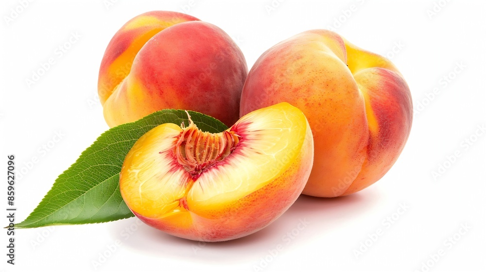 Peach isolated Whole peach with a slice on white background Peach fruit with leaf and cut pieces Full depth of field : Generative AI Peach isolated Whole peach with a slice on white background Peach fruit with leaf and cut pieces Full depth of field : Generative AI
