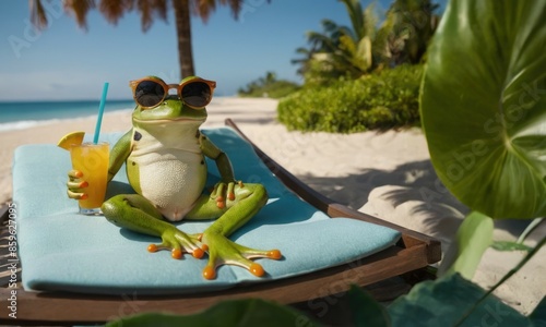 Chilling green frog with a cocktail, donning sunglasses at the beach, enjoying summer vibes. With palm trees and the ocean backdrop, it's perfect for vacation and summer holiday themes. Great for trop photo