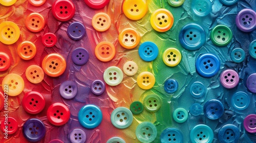 Pattern of colorful buttons on a rainbow background