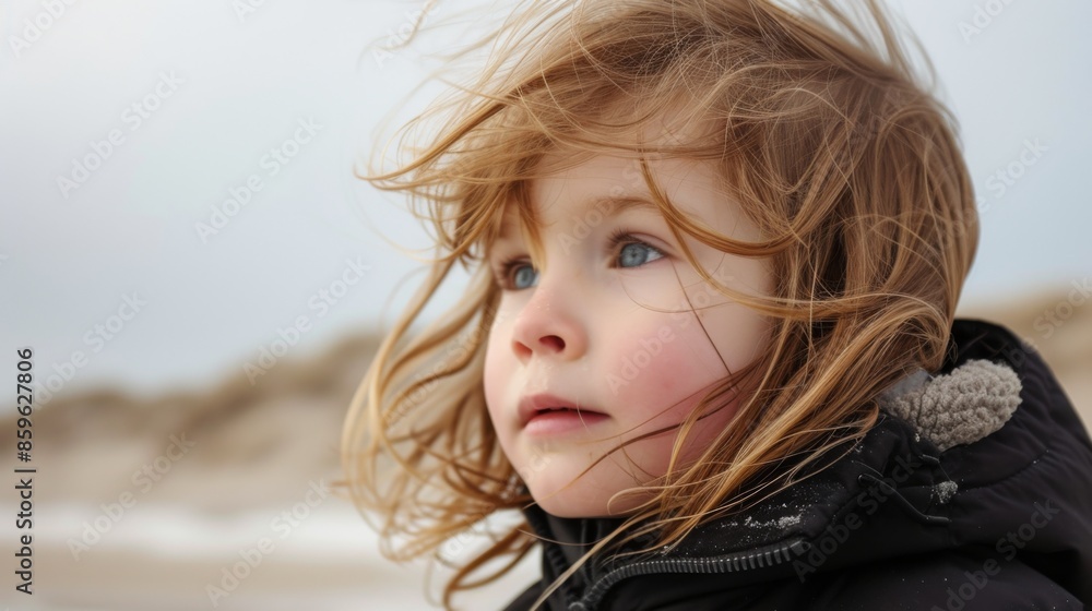 Child with wind-blown hair on the beach in winter Child with wind-blown hair on the beach in winter