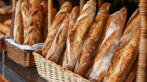 Whole wheat baguettes on shelves in baskets