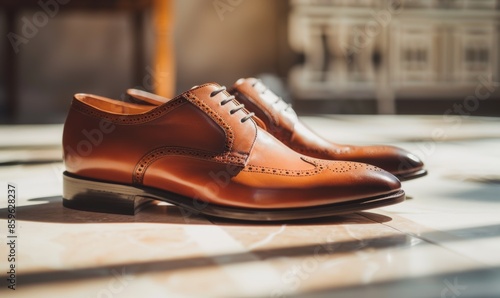 Brown Leather Oxford Shoes on a Tile Floor in Natural Sunlight