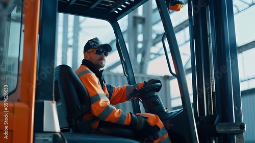 Man worker at forklift driver happy working in industry factory logistic ship Man forklift driver in warehouse area The forklift driver sitting in a vehicle in the warehouse : Generative AI