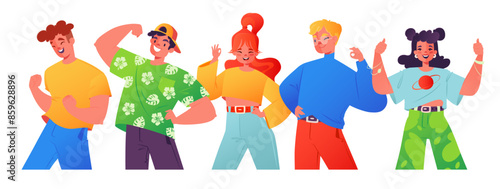 Cheerful young people showing thumbs up ok gesture. Concepts of body language, public approval, positive thinking, respect, recognition, honor and thanks. Flat cartoon bright vector illustration