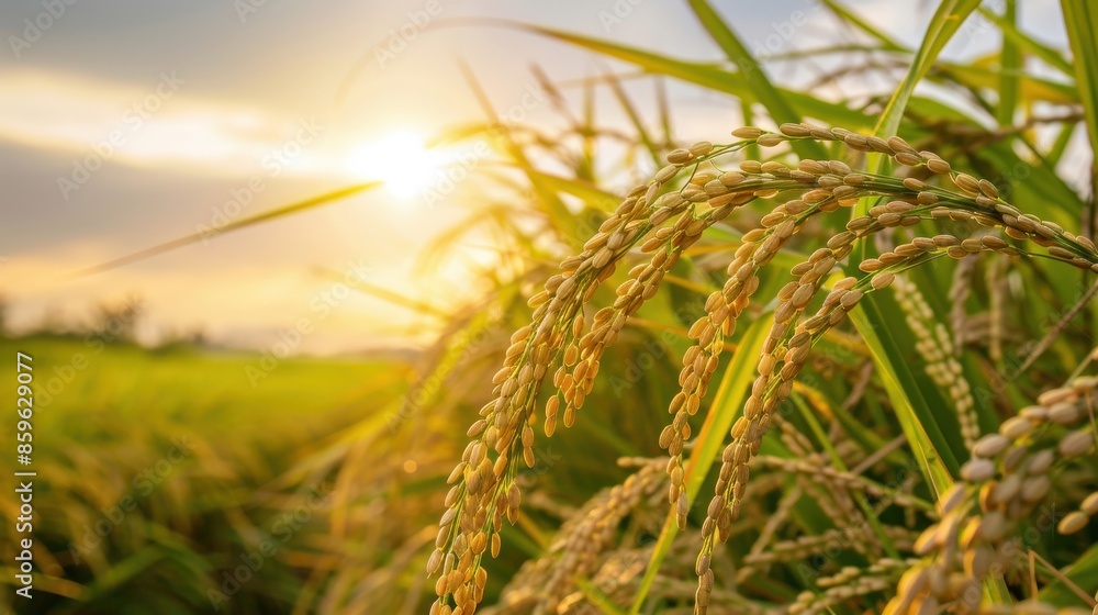 Fototapeta premium A woman wearing a straw hat is working in a field of rice