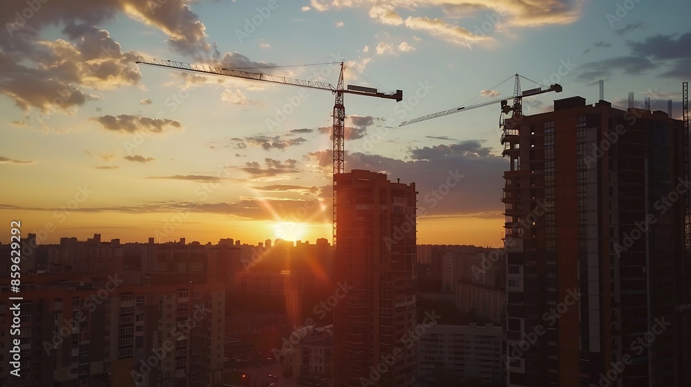 Sunset at the construction site Aerial view Black silhouettes of residential buildings with tall cranes on the territory on a background of blue cloudy dramatic sky buildings on the ho : Generative AI Sunset at the construction site Aerial view Black silhouettes of residential buildings with tall cranes on the territory on a background of blue cloudy dramatic sky buildings on the ho : Generative AI