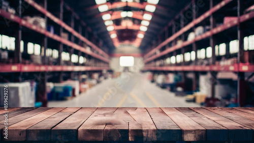 Empty wood table top with blur background of warehouse of factory. The table giving copy space for placing advertising product on the table along with beautiful industrial warehouse background