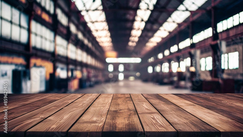 Wallpaper Mural Empty wood table top with blur background of warehouse of factory. The table giving copy space for placing advertising product on the table along with beautiful industrial warehouse background Torontodigital.ca