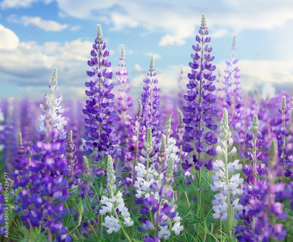 Naklejka premium Purple and White Lupine Field