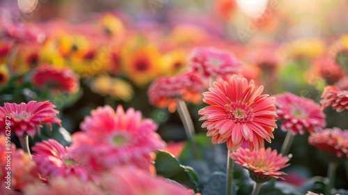 A field of flowers with a variety of colors including red, yellow, and orange